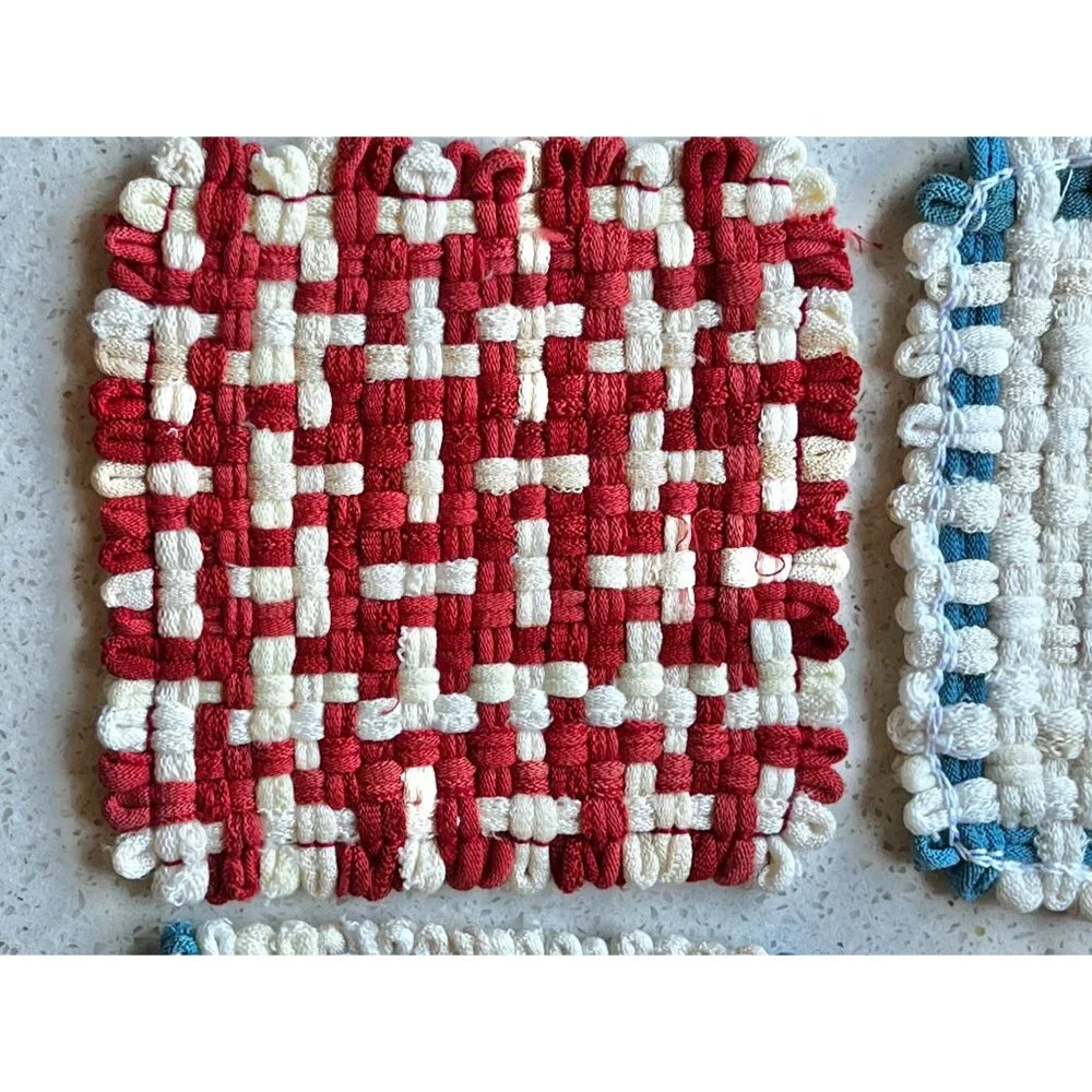Handwoven Cotton Pot Holders Set Of 5 - Multicolor Large & Red/White/Blue Small
